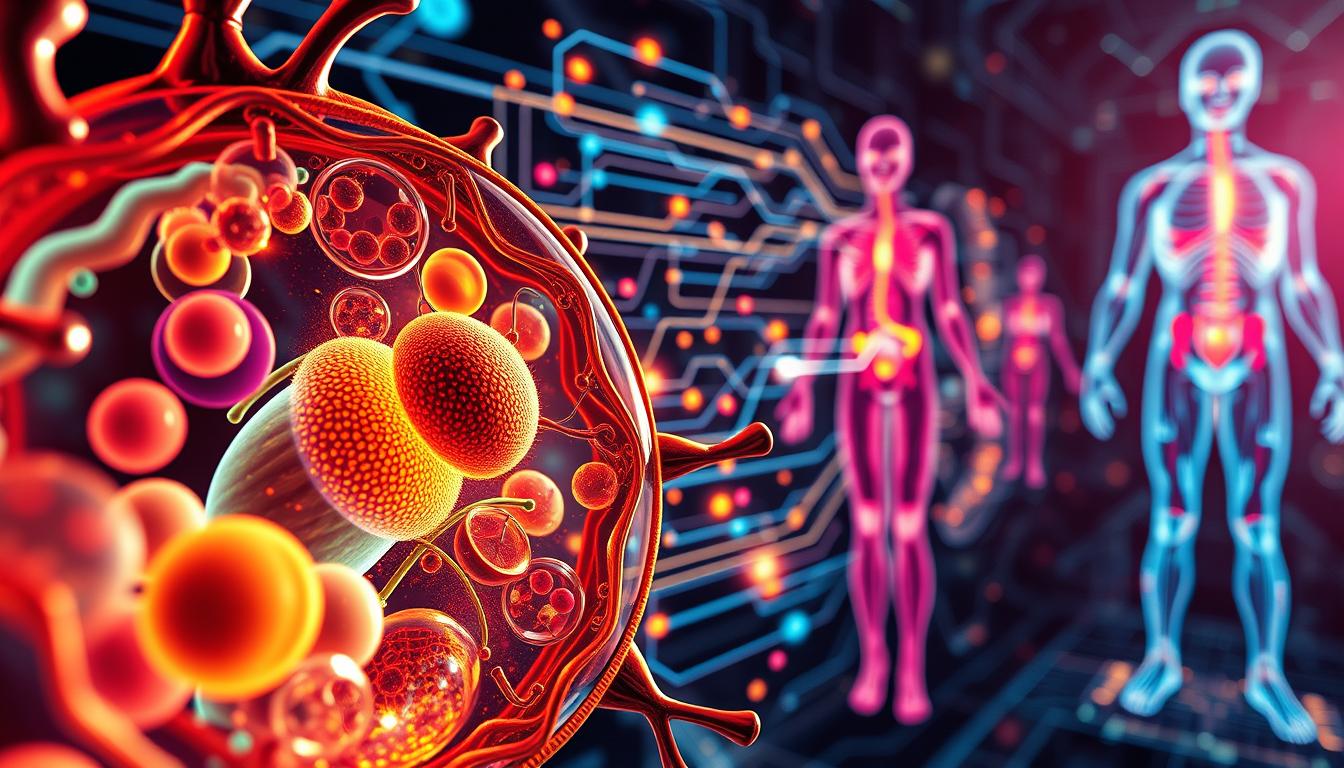A vibrant scientific diagram showcasing the intricate mechanisms of metabolic adaptation. In the foreground, a detailed cross-section of a human cell, highlighting the dynamic interplay of metabolic pathways and energy-producing organelles. The middle ground features a sleek, futuristic visualization of the body's metabolic processes, with cascading lines and curves representing the flow of nutrients, hormones, and enzymes. In the background, a expansive, holistic view of the human body, rendered in a stylized, high-contrast palette, emphasizing the interconnected nature of physiological systems. Crisp, high-resolution imagery captured with a wide-angle lens, conveying a sense of depth and complexity. The overall mood is one of scientific sophistication and the wonder of the human body's adaptability.