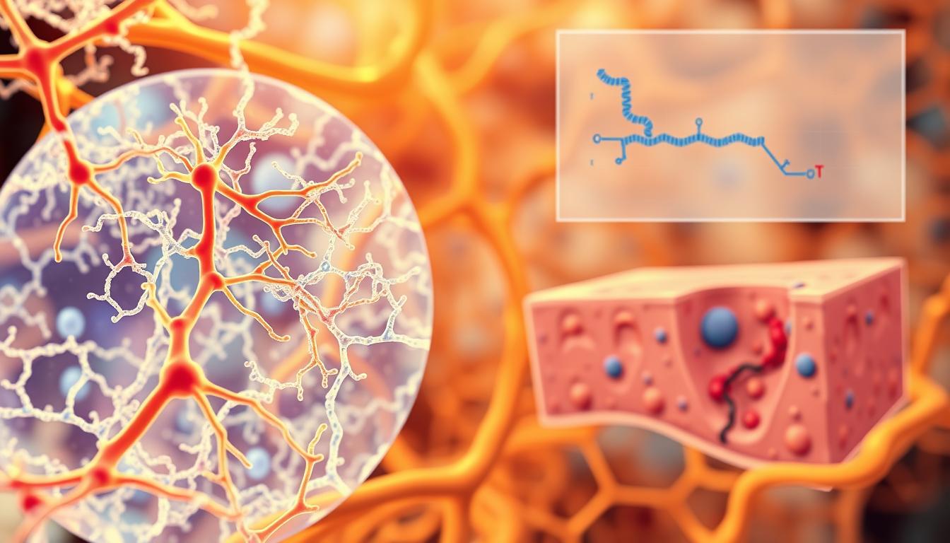 A vibrant scientific illustration showcasing the intricate connective tissue structure of Ehlers-Danlos Syndrome and Hypermobility Spectrum Disorder. In the foreground, a detailed microscopic view reveals the delicate collagen fibrils and proteoglycans that comprise the extracellular matrix. The middle ground features a cross-section of the fascia, highlighting the complex network of fibers, cells, and blood vessels. In the background, a stylized molecular diagram illustrates the genetic and biochemical factors underlying these conditions. Warm lighting casts a soft glow, emphasizing the dynamic and interconnected nature of this scientific research.