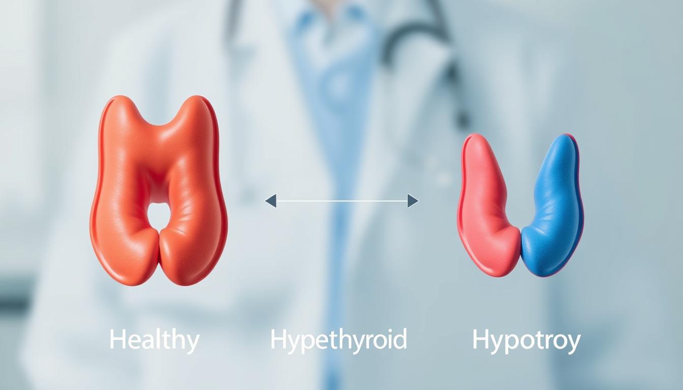 A vibrant side-by-side comparison of a healthy thyroid gland and two distinct thyroid conditions - hyperthyroid and hypothyroid. In the foreground, a detailed anatomical illustration showcases the subtle differences in size, shape, and texture between the three thyroid states. The middle ground features a clean, minimalist layout with complementary color palettes to visually distinguish the contrasting thyroid states. The background depicts a soft, blurred medical setting, lending an authoritative and informative atmosphere to the overall composition.