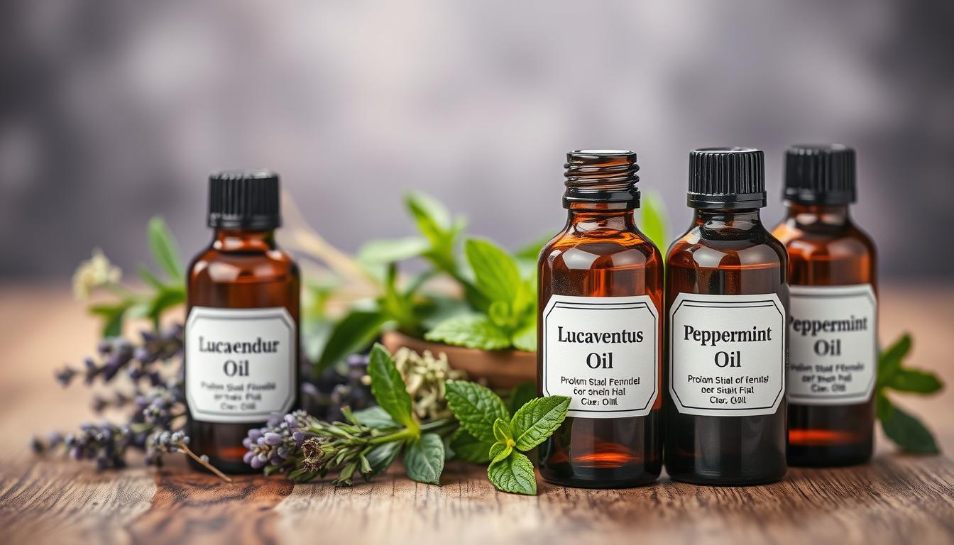 A vibrant still life arrangement showcasing a variety of essential oils for snoring relief. In the foreground, there are several glass bottles containing lavender, eucalyptus, and peppermint oils, their labels clearly visible. The bottles are arranged artfully on a wooden surface, with a soft, diffused lighting highlighting the colors and textures of the oils. In the middle ground, there are green leaves and sprigs of herbs, complementing the essential oils. The background is blurred, creating a sense of depth and focus on the central elements. The overall mood is calming and soothing, conveying the restorative properties of the oils for alleviating snoring.