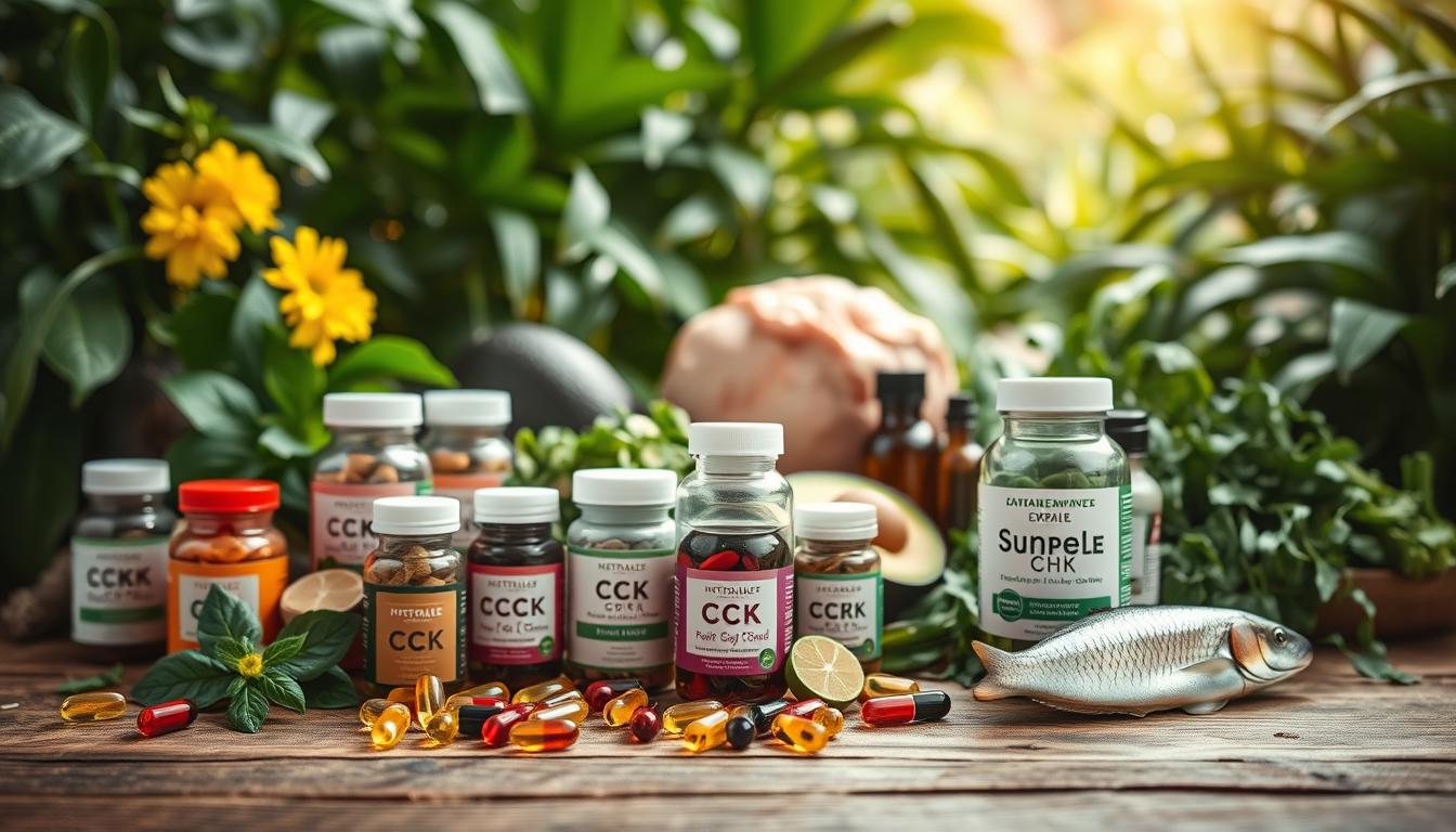 A vibrant still life arrangement showcasing an assortment of natural CCK supplements. In the foreground, an array of colorful capsules, soft gels, and herbal tinctures are neatly arranged on a rustic wooden table. The middle ground features whole foods known to support CCK production, such as dark leafy greens, avocados, and fatty fish. In the background, a lush, green plant-filled environment creates a calming, natural atmosphere. Soft, diffused lighting gently illuminates the scene, highlighting the rich colors and textures of the ingredients. The overall composition conveys a sense of balance, wellness, and the benefits of incorporating naturally-sourced CCK-boosting elements into one's lifestyle.
