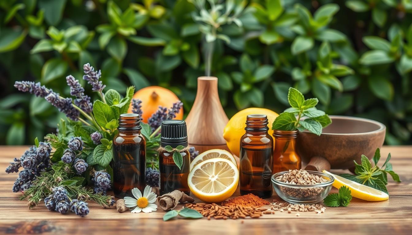 A vibrant still life of an assortment of natural herbal remedies for snoring, arranged artfully on a wooden surface. The foreground showcases a variety of herbs, such as lavender, chamomile, and peppermint, alongside essential oils in amber glass bottles. In the middle ground, there are sliced lemons, a diffuser, and a bowl of crushed spices. The background features lush, green foliage, creating a serene, calming atmosphere. The lighting is soft and diffused, accentuating the natural textures and colors of the elements. The overall composition conveys a sense of tranquility and the therapeutic power of these holistic snoring solutions.