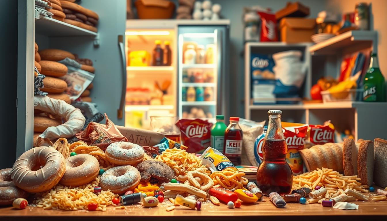 A vibrant still life scene depicting the pitfalls of the keto diet. In the foreground, an array of sugary and starchy foods - donuts, candy, bread, and pasta - spilling out from an open pantry door. In the middle ground, a table overflows with unhealthy snacks and drinks, like soda and chips. In the background, a fridge filled with tempting, high-carb treats. Warm, golden lighting casts a seductive glow over the scene, hinting at the allure of these carb-heavy foods that can derail a keto diet. The composition suggests the constant struggle to resist the siren call of hidden carbs that can undermine one's keto goals.