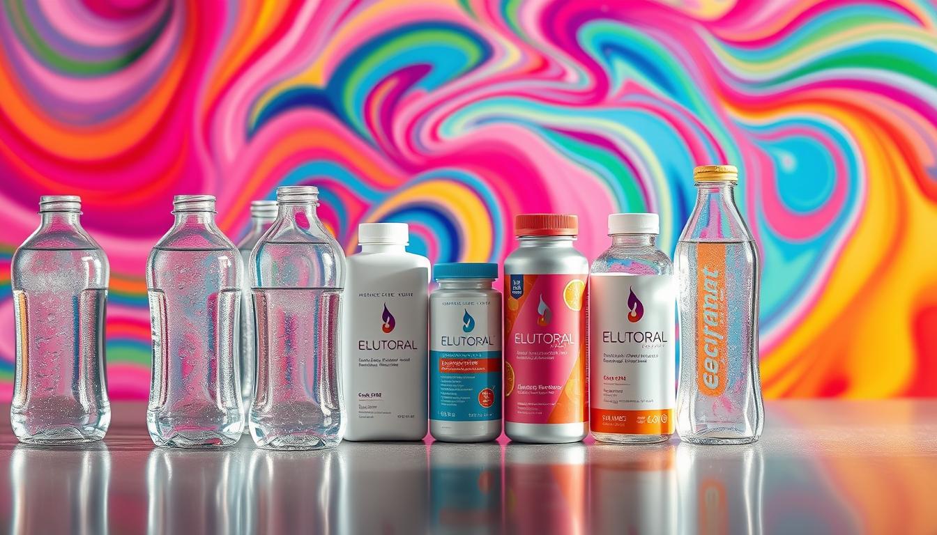 A vibrant still-life scene of low-carb hydration strategies. In the foreground, an array of clear glass water bottles, crystal-clear with perspiration, catch the light and cast shimmering reflections. In the middle ground, an assortment of electrolyte-rich supplements in sleek, minimalist packaging, their colors contrasting beautifully against the neutral backdrop. The background is awash in a swirling kaleidoscope of vivid, energetic hues, creating a sense of movement and vibrancy. The overall composition is clean, modern, and visually captivating, perfectly capturing the essence of effective low-carb hydration.