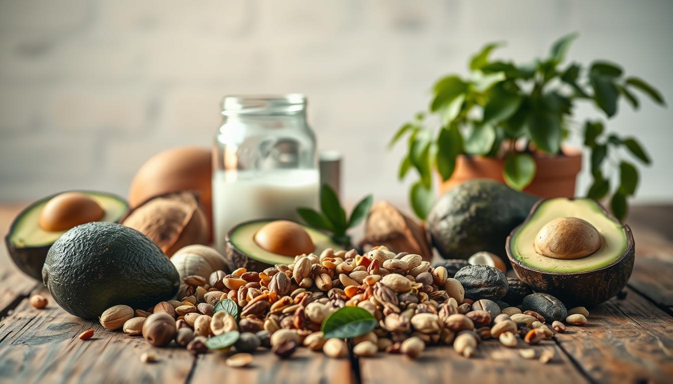 A vibrant still life scene showcasing an assortment of affordable healthy fats. In the foreground, a mix of avocados, nuts, and seeds are artfully arranged on a rustic wooden table, their rich textures and earthy tones contrasting against the soft, diffused lighting. In the middle ground, a glass jar filled with virgin coconut oil reflects the warm glow, casting a gentle sheen across the scene. In the background, a lush, verdant potted plant adds a touch of natural greenery, complementing the wholesome, nourishing vibe. The overall mood is one of simplicity, affordability, and the celebration of nature's bounty of healthy fats.