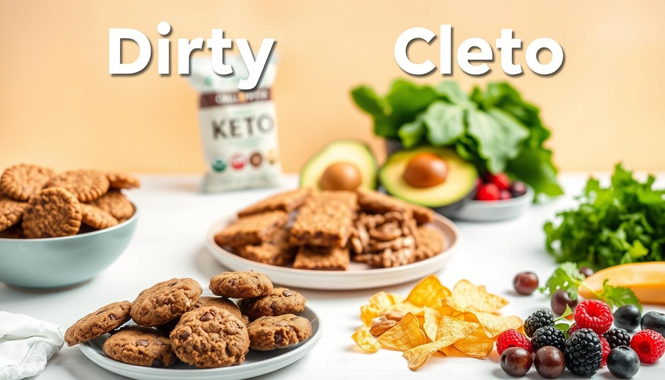 A vibrant still life scene showcasing the contrast between "dirty" and "clean" keto foods. In the foreground, a plate of indulgent, processed keto snacks like keto cookies, bars, and chips. In the middle ground, a selection of whole, unprocessed keto-friendly ingredients like avocados, nuts, leafy greens, and berries. The background features a minimalist, natural setting with warm, soft lighting, emphasizing the purity and simplicity of clean keto. The image conveys the distinct choices between processed convenience and whole food nutrition on the keto diet.