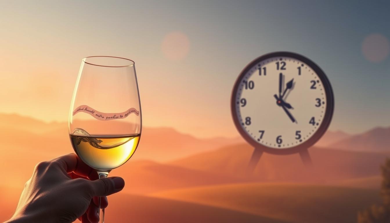 A vibrant, stylized illustration depicting the timing and quantity of alcohol consumption. In the foreground, a person's hand holds a glass of wine, the liquid sloshing gently. In the middle ground, a clock face shows the progression of time, with the hour and minute hands advancing rapidly. In the background, a hazy, dreamlike landscape suggests the physiological effects of alcohol, with muted colors and a slightly distorted perspective. Soft, warm lighting bathes the scene, creating a cozy, intimate atmosphere. The overall composition conveys the relationship between alcohol intake, time, and the resulting impacts on the body.