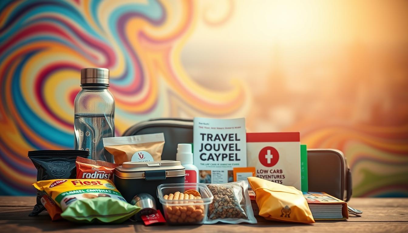 A vibrant, swirling assortment of low-carb travel essentials arranged against a dynamic, colorful backdrop. In the foreground, an assortment of keto-friendly snacks, a reusable water bottle, and a compact container for packing keto-friendly meals. In the middle ground, a sleek toiletry bag, a small first-aid kit, and a guidebook on navigating low-carb dining options. In the background, a blurred cityscape or landscape, hinting at the adventurous journey ahead. Warm, natural lighting casts a soft glow, creating a sense of energy and optimism. The overall mood is one of wellness, preparedness, and the excitement of travel.