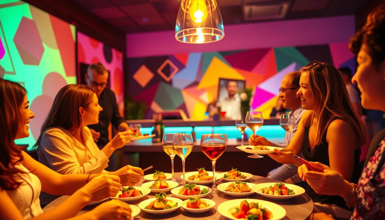 A vibrant, swirling scene of a low-carb social event. In the foreground, a group of people gathered around a table, plates of healthy, low-carb hors d'oeuvres in hand. Warm, soft lighting casts a cozy glow, encouraging lively conversation. In the middle ground, a well-stocked bar offers a selection of low-carb cocktails and mocktails. The background features a lively, colorful backdrop, with geometric patterns and abstract shapes dancing across the walls, creating a modern, energetic atmosphere. The overall mood is one of camaraderie, health-consciousness, and joie de vivre.