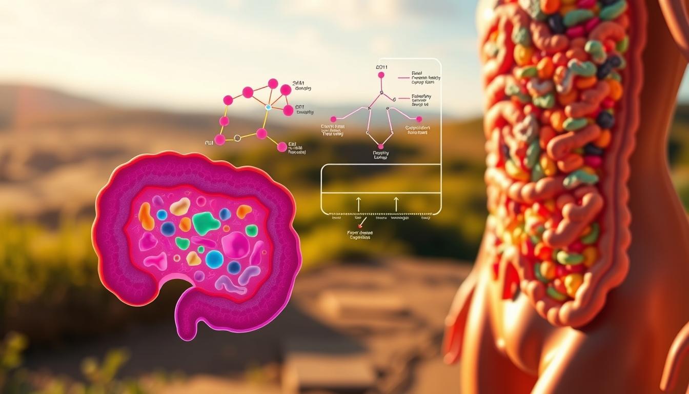 A vibrant visualization of gut microbiota changes during a ketogenic diet. In the foreground, a stylized cross-section of the human gut, showcasing the diverse microbial community, with various shapes and colors representing the shifting bacterial populations. In the middle ground, a molecular diagram depicting the metabolic pathways and biochemical interactions influenced by the ketogenic diet. The background features a softly blurred landscape, conveying the overall impact on the body's systems. Warm lighting casts a natural glow, emphasizing the dynamic, living nature of the gut microbiome. Captured with a wide-angle lens to provide a comprehensive, holistic view of this essential aspect of keto and gut health.