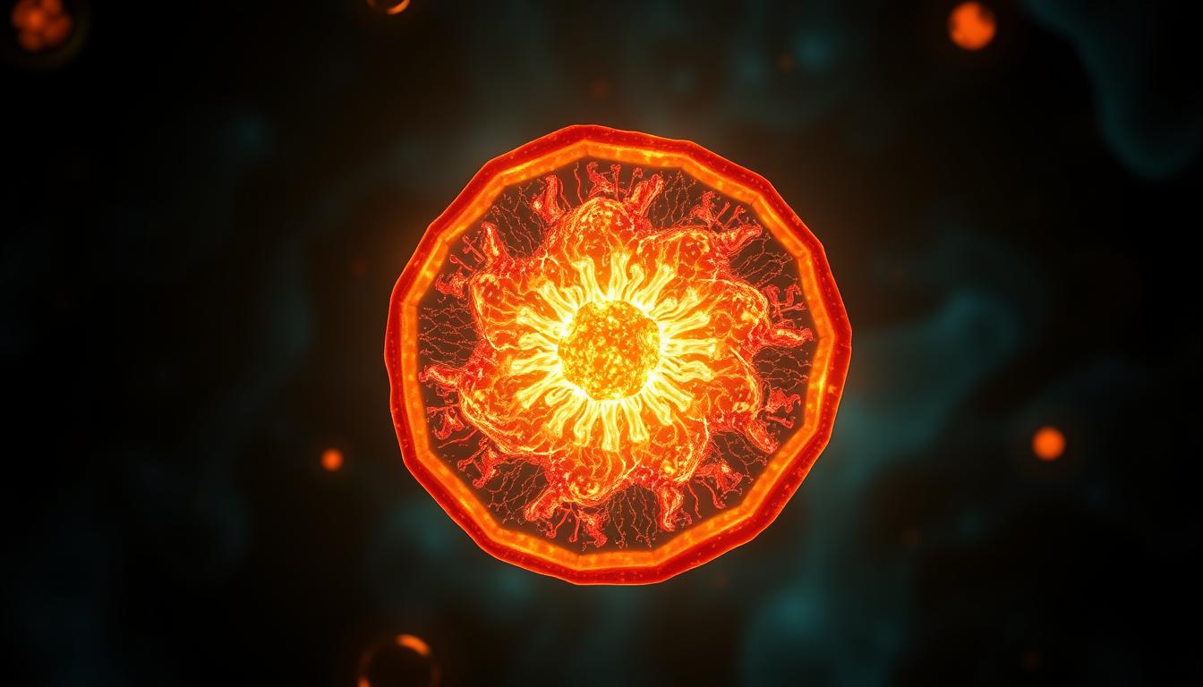 A vibrant visualization of ketosis energy production. A central cross-section of a mitochondrion, the powerhouse of the cell, glowing with a warm amber hue. Intricate cristae membrane structures pulsing with dynamic energy flows, representing the process of oxidative phosphorylation. Surrounding this, a hazy blue-green backdrop suggesting the cellular environment, with subtle molecular structures and energy pathways. Dramatic lighting from multiple angles accentuates the three-dimensional depth and complexity of the scene, conveying the scientific elegance of this fundamental metabolic process.