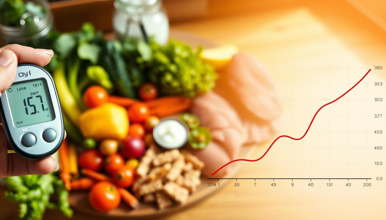 A vibrant visualization of the benefits of a low-carb diet on blood sugar levels. In the foreground, a hand holds a glucose meter, its display showing a healthy blood sugar reading. The middle ground features an array of low-carb foods, such as fresh vegetables, lean proteins, and healthy fats. In the background, a stylized graph illustrates the stabilizing effect of a low-carb diet on blood sugar fluctuations, with a smooth, consistent line. The lighting is warm and natural, casting a soft glow on the scene. The overall atmosphere conveys a sense of balance, control, and the positive impact of a low-carb lifestyle on one's health.