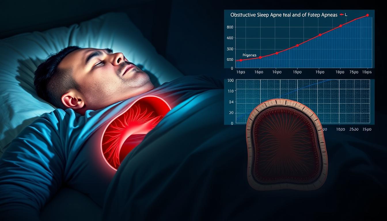 A vibrant visualization of the connection between obstructive sleep apnea and body weight. In the foreground, a sleeping person tossing and turning, their breathing obstructed by excess weight around the neck. In the middle ground, a detailed cross-section of the airway, narrowed by fatty tissue. In the background, a data visualization chart illustrating the correlation between increasing body mass index and the prevalence of sleep apnea. Dramatic lighting casts shadows, emphasizing the physiological strain. The scene conveys the medical significance of this relationship in a visually striking manner.