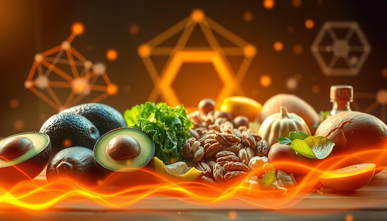 A vibrant visualization of the ketogenic diet and its metabolic effects. In the foreground, a glowing orange representation of the process of ketosis, with delicate wisps of energy radiating outward. In the middle ground, an array of keto-friendly foods - avocados, nuts, leafy greens, and healthy fats - arranged in a balanced, visually appealing composition. The background evokes a sense of scientific inquiry, with geometric shapes and subtle data visualizations hinting at the complex physiological mechanisms at play. Warm lighting casts a soft, inviting glow over the scene, creating an atmosphere of discovery and well-being.
