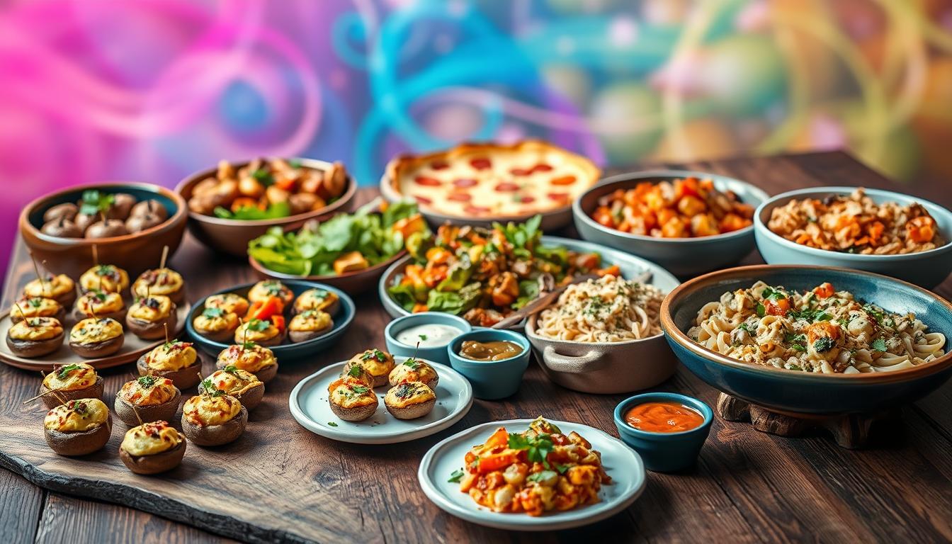 A vibrant, visually-appealing spread of low-carb party dishes, arranged on a rustic wooden table against a soft, blurred background. The foreground showcases an assortment of keto-friendly appetizers, such as stuffed mushrooms, mini frittatas, and veggie-based dips, all presented in an artful, Instagram-worthy manner. The middle ground features a selection of main dishes, including a hearty cauliflower-crust pizza, a roasted vegetable medley, and a creamy low-carb pasta dish. The background is filled with swirling, vibrant colors and a warm, inviting atmosphere, evoking a sense of celebration and social gathering. The lighting is soft and natural, highlighting the textures and colors of the dishes.