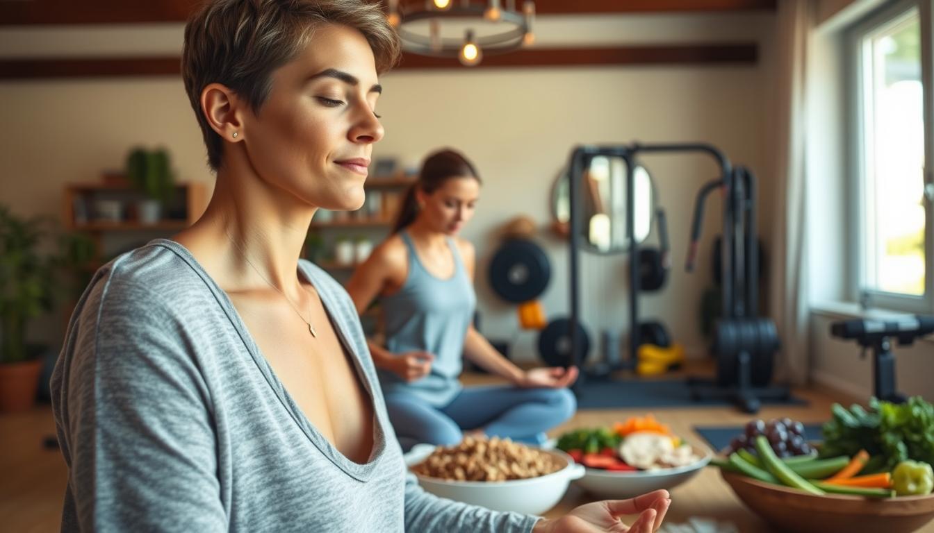 A vibrant, well-lit scene depicting a person engaged in a variety of lifestyle activities that contribute to enhanced pancreatic efficiency. In the foreground, the individual practices mindful meditation, their face serene and focused. In the middle ground, they prepare a nutritious meal featuring whole grains, lean proteins, and colorful vegetables. In the background, a home gym equipped with exercise equipment, signifying the person's commitment to regular physical activity. The overall atmosphere is one of balance, harmony, and a holistic approach to optimizing pancreatic health through thoughtful lifestyle choices.