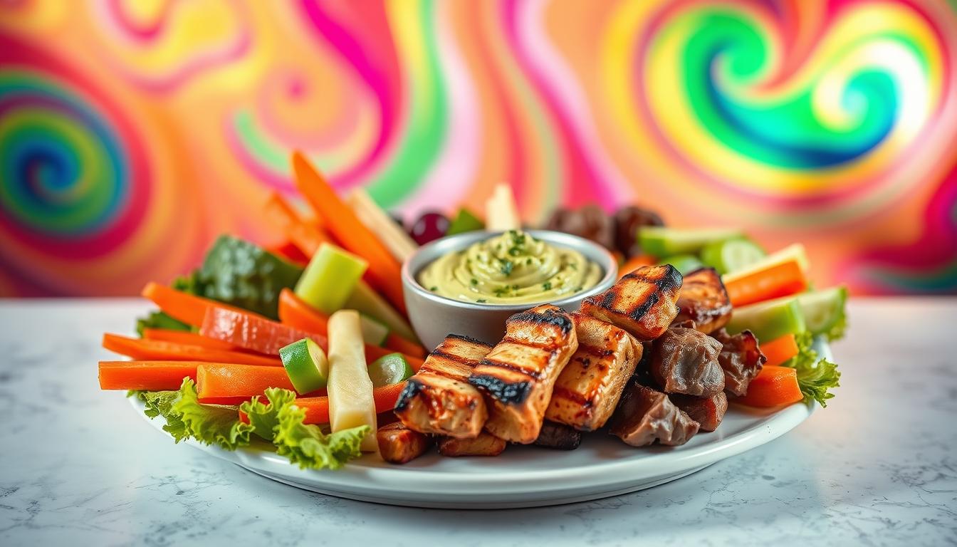 A visually appealing low-carb party plate arrangement, showcasing an assortment of fresh vegetables, grilled chicken skewers, and creamy avocado dip. The plate is artfully arranged against a backdrop of vibrant, swirling colors, creating a festive and inviting atmosphere. The lighting is soft and warm, highlighting the textures and colors of the healthy, low-carb offerings. The composition is balanced, with the main elements in the foreground and a blurred, abstract pattern in the background, drawing the viewer's attention to the delicious and nutritious party fare.