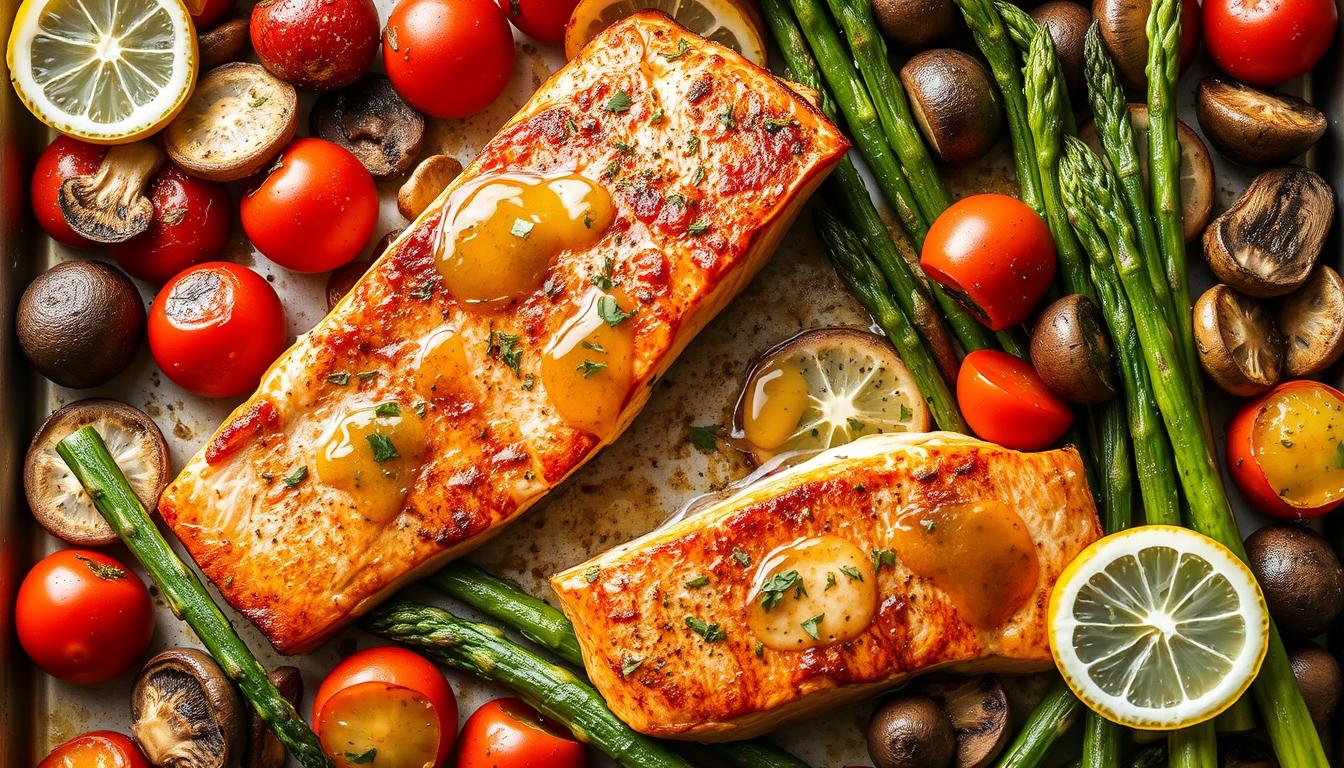 A visually appealing sheet pan meal featuring perfectly seared salmon fillets, roasted seasonal vegetables, and a drizzle of vibrant lemon-herb sauce. The salmon sizzles under bright, even lighting, with a delicate caramelized crust. Plump, juicy tomatoes, tender asparagus spears, and earthy mushrooms surround the fish, creating a cohesive, mouthwatering composition. The entire scene is bathed in a warm, inviting glow, showcasing the vibrant colors and textures of this easy, one-pan dinner. The overall mood is fresh, wholesome, and bursting with flavor, reflecting the simplicity and health-conscious nature of the "One-Pan Wonders for Minimal Cleanup" recipe.