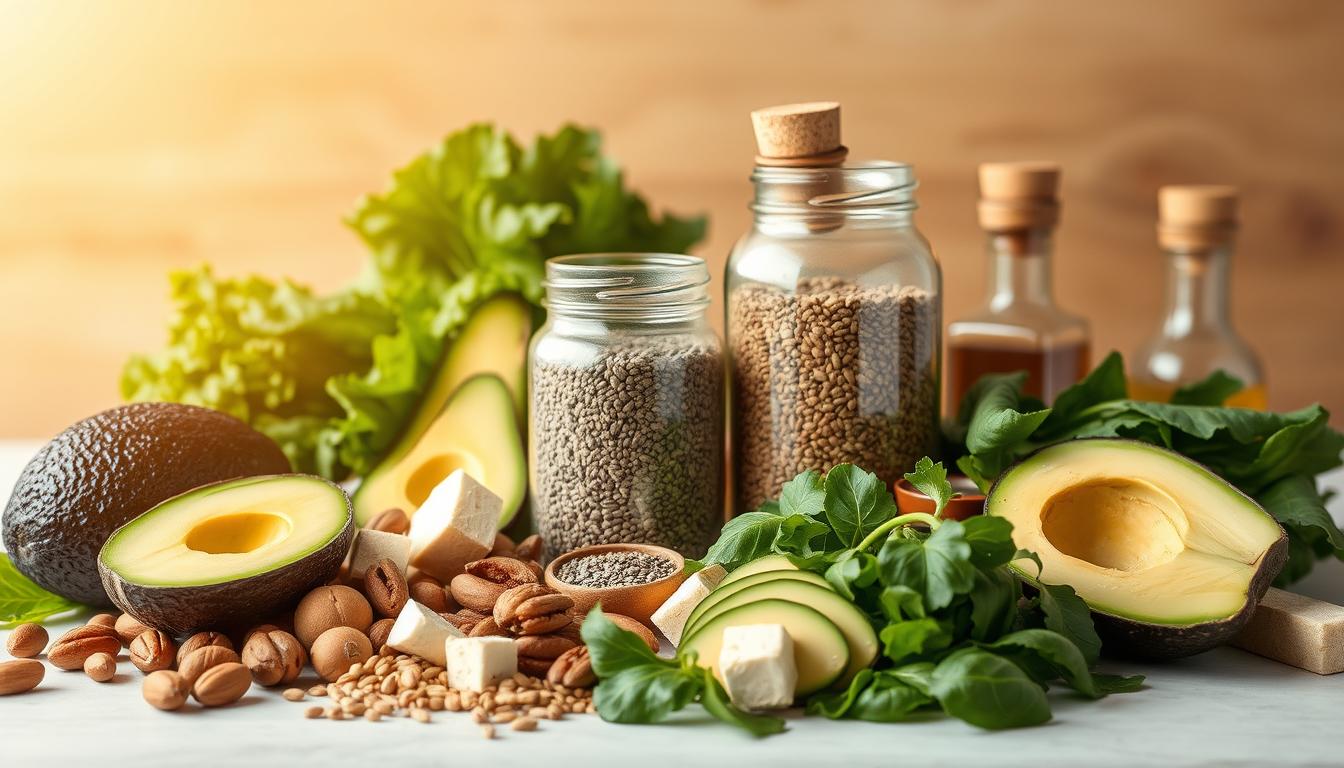 A visually striking still life arrangement showcasing the core macronutrients of a vibrant vegan low-carb diet. In the foreground, an assortment of nutrient-dense plant-based foods including avocado, tofu, nuts, and leafy greens. The midground features a glass jar filled with omega-rich chia seeds and flaxseeds, alongside a selection of keto-friendly oils and spices. The background is bathed in warm, natural lighting, creating a sense of balance and wellness. The overall composition radiates a clean, minimalist aesthetic that effectively communicates the principles of a nourishing vegan low-carb lifestyle.