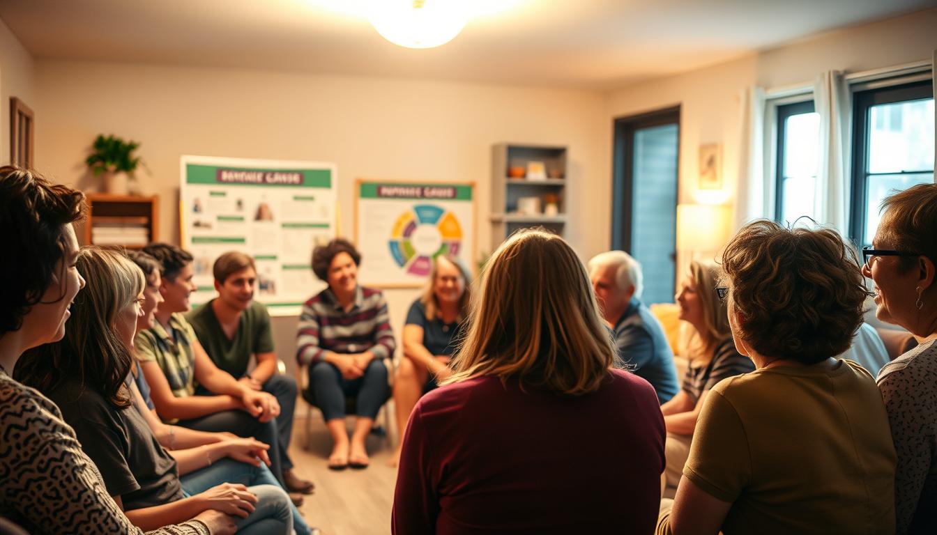A warm and welcoming support group gathering, with a diverse group of individuals connected by the shared experience of living with connective tissue disorders. The scene is bathed in soft, diffuse lighting that casts a comforting glow, creating a vibrant and inclusive atmosphere. In the foreground, a circle of people sit together, their faces expressing empathy and understanding as they engage in open dialogue. In the middle ground, informative posters and resources are displayed, providing a sense of community and education. The background features a cozy, inviting space, perhaps a community center or support group meeting room, conveying a sense of safety and belonging.
