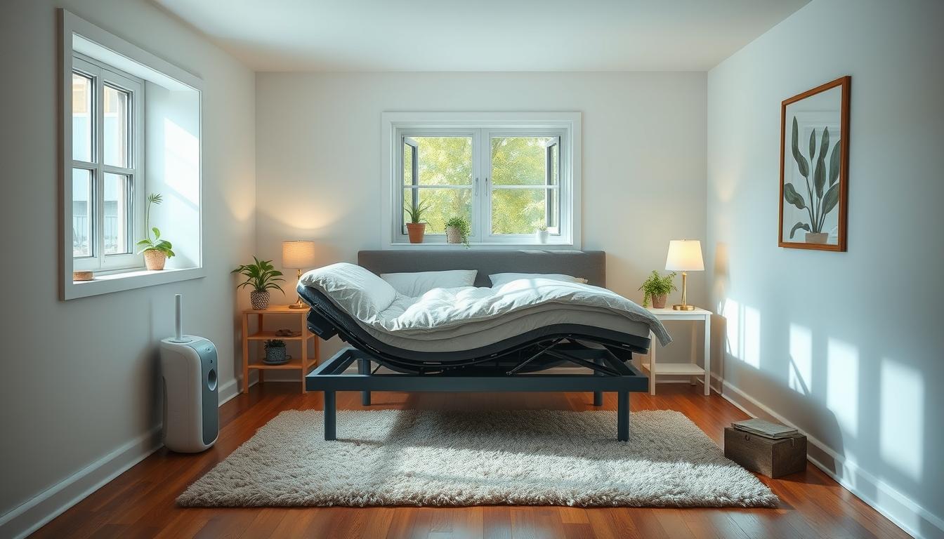 A well-lit, airy bedroom with an adjustable bed frame, hypoallergenic bedding, and a humidifier. The bed is positioned to allow for unobstructed airflow, with a nightstand on either side featuring a lamp and a noise machine. Soft, indirect lighting illuminates the space, creating a calming ambiance. The walls are painted in soothing, vibrant tones, and the floor is covered in a plush, hypoallergenic rug. An open window allows for natural ventilation, and potted plants add a touch of greenery to the serene, vibrant setting.