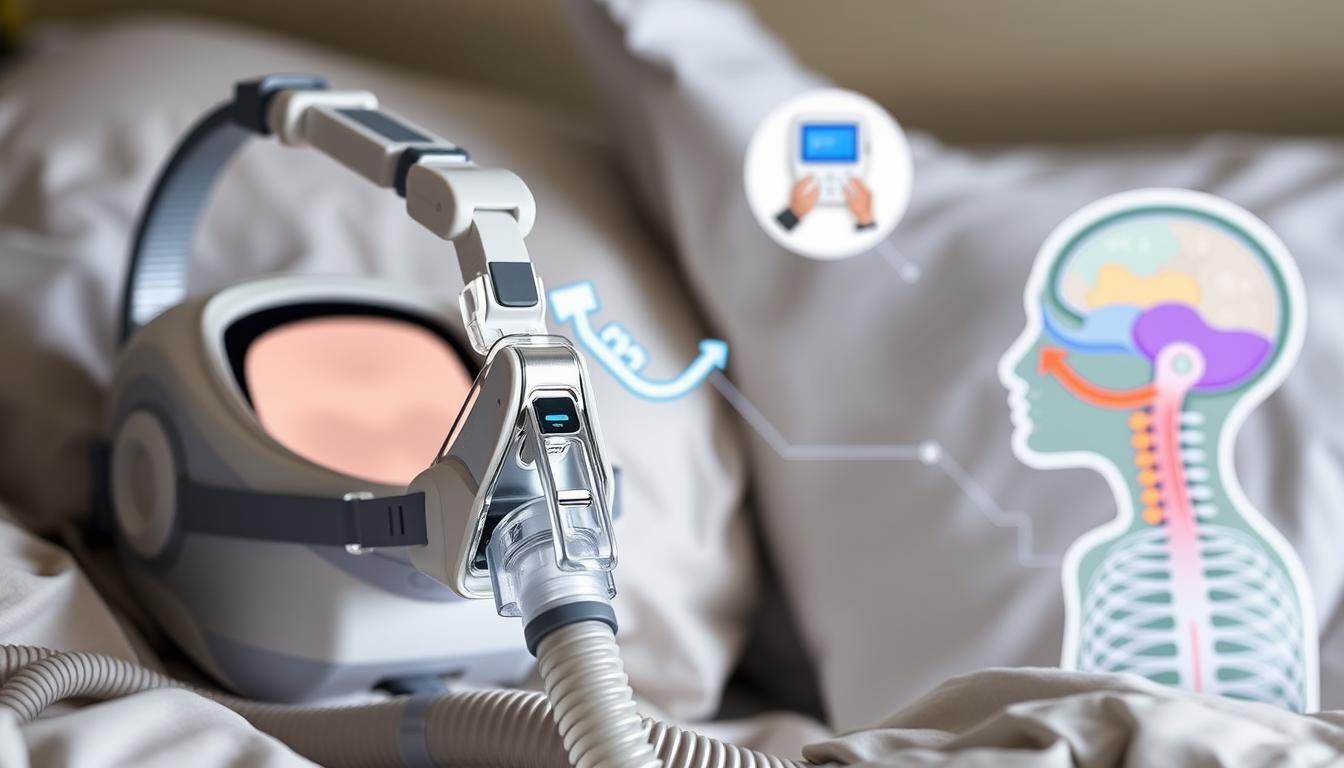 A well-lit and detailed medical illustration showcasing various sleep apnea treatment options. In the foreground, a CPAP machine with a sleek, modern design, its tubing and mask positioned prominently. In the middle ground, an oral appliance device and a diagram of the upper airway, highlighting how it can help keep the airway open during sleep. In the background, a stylized diagram of the human head and neck, with the respiratory system and areas affected by sleep apnea clearly visible. The overall scene has a vibrant, technical, and informative atmosphere, conveying the range of effective treatments available for this condition.