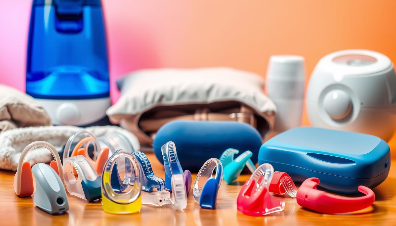A well-lit and detailed still life showcasing a variety of snoring relief devices. In the foreground, an array of anti-snoring mouthpieces and nasal clips in various colors and designs. In the middle ground, a sleep position pillow and an adjustable chin strap. In the background, a humidifier and a white noise machine, all set against a vibrant, softly-lit background that emphasizes the practical nature of these snoring solutions.