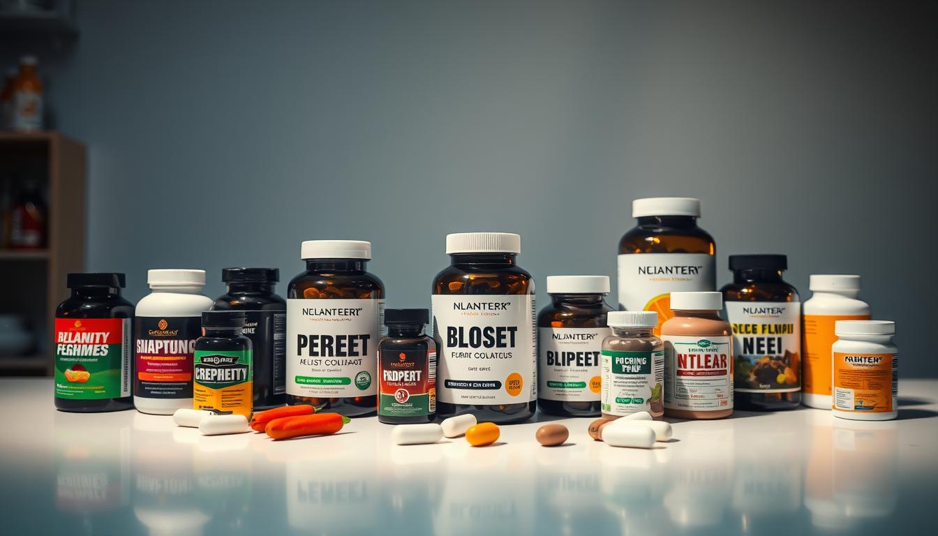 A well-lit arrangement of various weight loss supplement bottles and containers, displayed on a clean, minimalistic table or surface. The products are showcased in a visually appealing manner, with a sense of professionalism and attention to detail. The lighting is vibrant, creating a sense of clarity and highlighting the key features of the supplements. The overall composition is balanced, with a mix of close-up and slightly broader shots to provide a comprehensive view of the products. The atmosphere conveys a sense of trust and reliability, inviting the viewer to explore the real-world user experiences and product reviews.