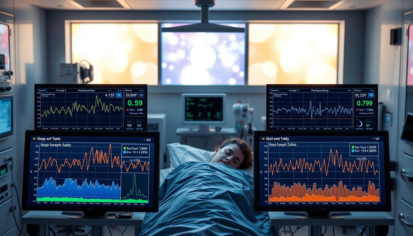 A well-lit, clinical laboratory setting with state-of-the-art sleep monitoring equipment. In the foreground, a detailed comparison of sleep study data, displayed on high-resolution screens. Precise graphs, charts, and statistics juxtapose the accuracy and reliability of traditional CPAP systems against the latest smart wearable technologies. The middle ground features a sleeping patient, surrounded by a diverse array of sensors and devices, their vital signs being meticulously tracked. The background is a serene, vibrant scene, with soothing lighting and a sense of scientific innovation, reflecting the cutting-edge nature of this sleep technology showdown.