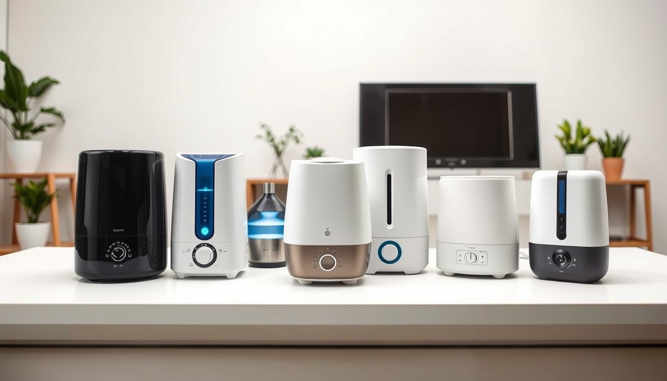 A well-lit, close-up comparison of several modern humidifiers in a sleek, minimalist setting. The foreground features several humidifier models in various shapes and sizes, showcasing their distinctive designs and control panels. The middle ground includes contextual props like a bedside table, plants, and soft lighting to create a soothing, bedroom-like atmosphere. The background is a simple, neutral backdrop that allows the humidifiers to be the central focus. The overall scene conveys a sense of considered evaluation, guiding the viewer to assess the unique features and capabilities of each humidifier option for optimal snoring relief.