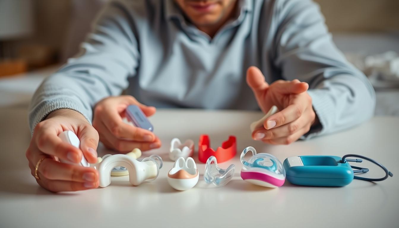 A well-lit, close-up photograph of an adult person's hands carefully examining and comparing several different anti-snore devices, such as nose clips, mandibular advancement devices, and tongue-stabilizing devices, placed on a clean, neutral-colored surface. The devices should be visually distinct, with varied shapes, sizes, and materials to illustrate the range of options available. The person's facial features are not visible, allowing the focus to remain on the devices and the decision-making process. The overall scene conveys a vibrant, thoughtful atmosphere, with a sense of careful consideration and an intention to find the most suitable anti-snore solution.