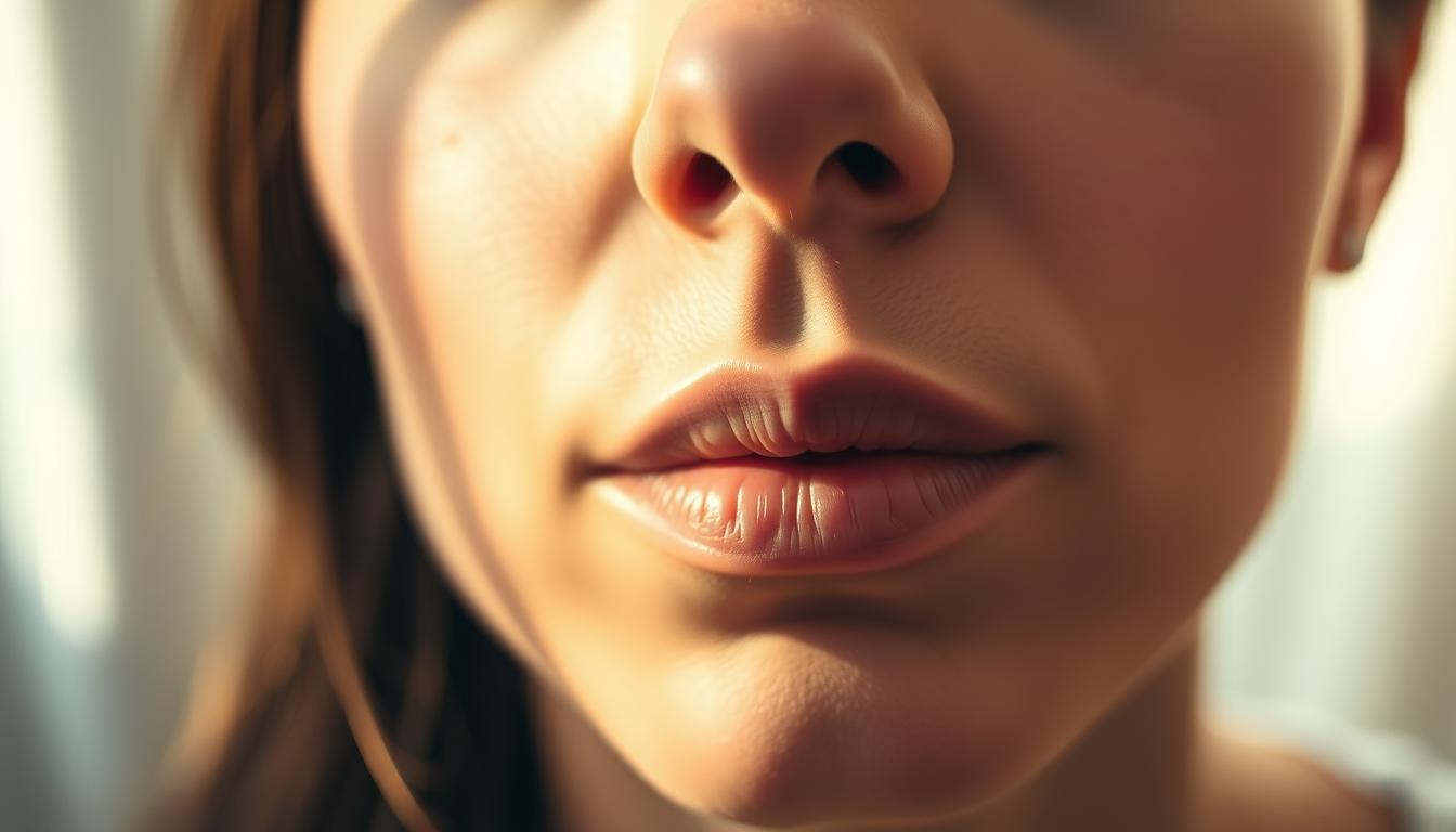 A well-lit close-up shot of a person's nose and mouth, showcasing the benefits of nasal breathing. The subject's face is relaxed, with a serene expression, highlighting the calming, restorative effects of this practice. The lighting is soft and diffused, creating a warm, inviting atmosphere. The focus is sharp on the nose, emphasizing the natural, vibrant flow of air through the nostrils. The background is subtly blurred, drawing the viewer's attention to the central subject. The overall image conveys a sense of balance, health, and the positive impact of conscious, mindful breathing.