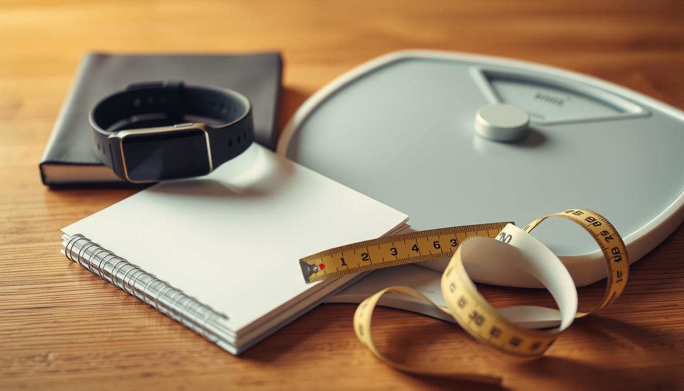 A well-lit close-up shot of various weight loss tracking methods, including a fitness tracker, a food journal, a bathroom scale, and a tape measure, arranged neatly on a wooden surface. The lighting is warm and inviting, creating a sense of focus and clarity. The objects are captured from a slightly elevated angle, showcasing their clean, modern design and emphasizing their role in monitoring weight loss progress. The overall mood is vibrant, conveying a sense of organization and control over the weight loss journey.