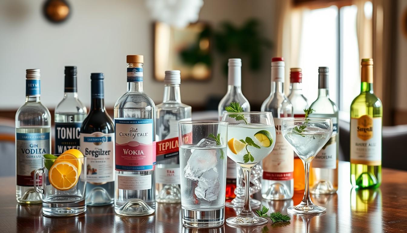 A well-lit, expansive table showcasing an array of keto-friendly alcohol options. In the foreground, a selection of clear spirits - gin, vodka, and tequila - arranged elegantly with accompanying garnishes like lemon wedges and fresh herbs. In the middle ground, low-carb mixers such as seltzer water, diet ginger ale, and sugar-free tonic water. The background features a few bottles of dry red and white wines, their labels prominently displayed. The overall scene exudes a vibrant, sophisticated atmosphere, capturing the essence of indulging in keto-friendly alcoholic beverages.