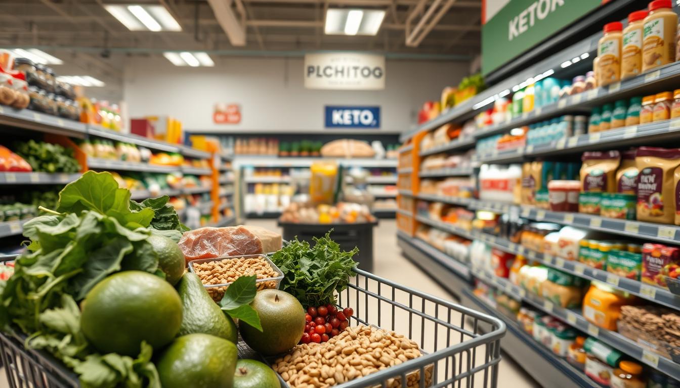 A well-lit grocery store aisle, brimming with an assortment of keto-friendly foods. In the foreground, a shopper's cart is filled with low-carb staples: avocados, leafy greens, high-fat meats, and an array of nuts and seeds. Bright lighting casts a vibrant glow, highlighting the colors and textures of the products. The middle ground features shelves stocked with keto-approved condiments, dairy items, and specialty keto snacks. In the background, a clean, modern aesthetic with minimalist signage guides the shopper through this smart, budget-friendly keto grocery experience.