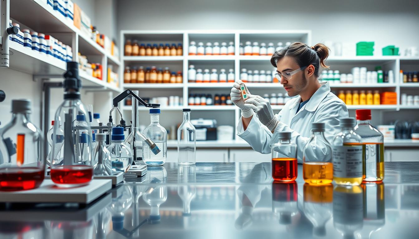 A well-lit, high-resolution image of a research laboratory setup investigating the effects of ketone supplements. In the foreground, various scientific instruments and glassware are arranged on a clean, stainless steel workbench, casting vibrant reflections. In the middle ground, a scientist in a white lab coat is carefully examining a sample, their face focused and intent. The background features a wall of shelves stocked with neatly organized bottles and containers, hinting at the depth of research being conducted. The overall scene conveys a sense of scientific rigor, attention to detail, and a vibrant, professional atmosphere.