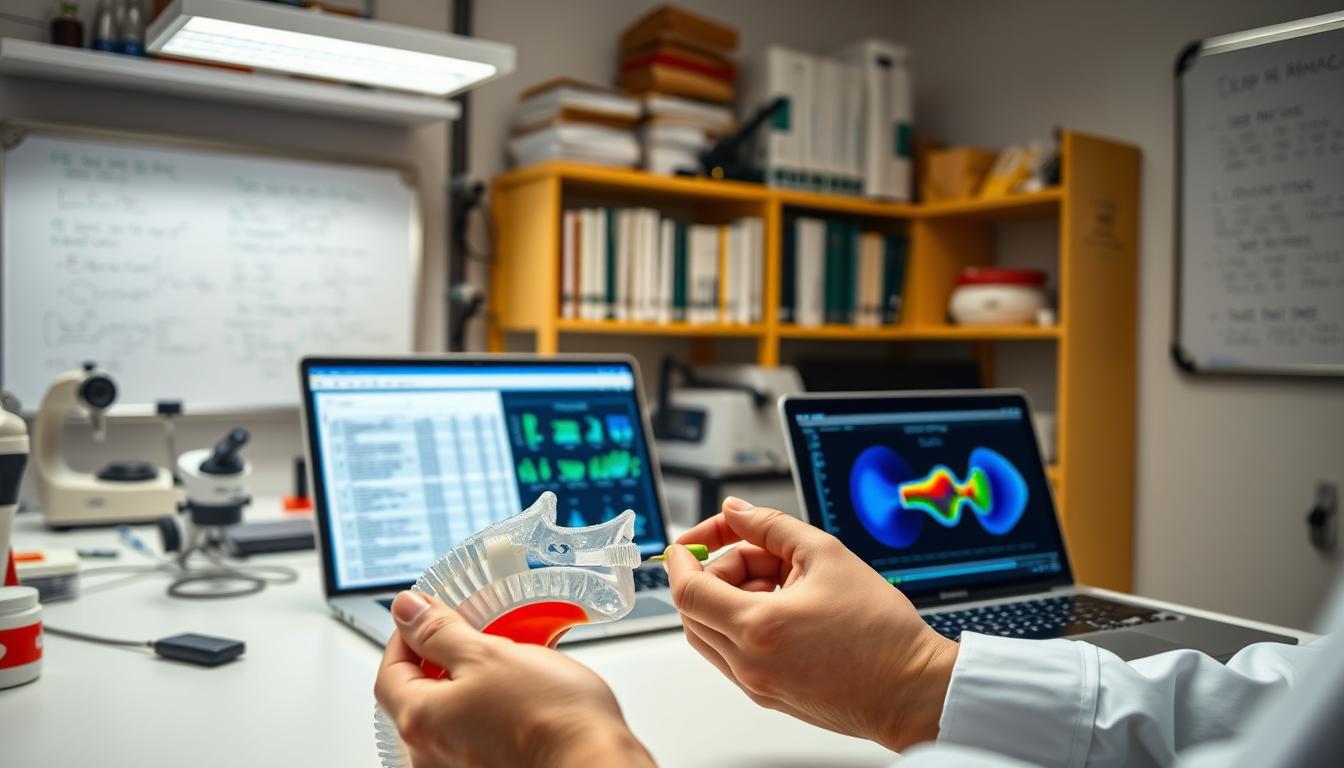 A well-lit laboratory setting, with a desk featuring a scientific research paper on sleep apnea and a laptop displaying related data visualizations. In the foreground, a close-up of a medical researcher's hands, delicately manipulating a 3D-printed model of the human airway. The background showcases scientific equipment, shelves filled with medical journals, and a large whiteboard covered in equations and diagrams. The overall atmosphere is one of focused, vibrant scientific inquiry, capturing the essence of the "The Science Behind Mouth Taping" section.