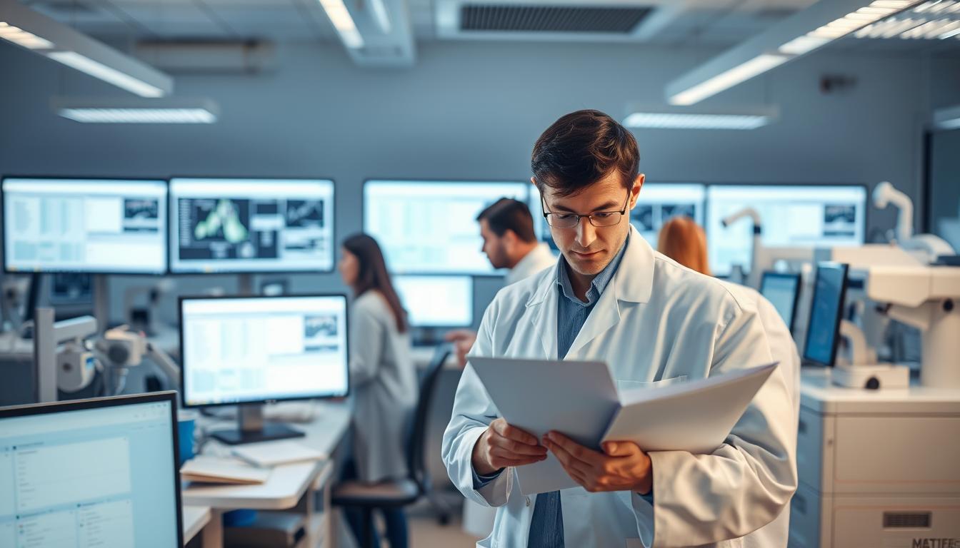 A well-lit laboratory setting with a team of researchers intently examining data on multiple computer screens and medical instruments. Crisp, sterile lighting illuminates the scene, creating a clinical and professional atmosphere. In the foreground, a scientist in a white lab coat scrutinizes a stack of papers, while in the middle ground, colleagues collaborate, discussing findings. The background showcases vibrant, state-of-the-art equipment, hinting at the cutting-edge nature of the research. Subtle hues of blue and white dominate the palette, conveying a sense of analytical precision and scientific rigor. A well-lit laboratory setting with a team of researchers intently examining data on multiple computer screens and medical instruments. Crisp, sterile lighting illuminates the scene, creating a clinical and professional atmosphere. In the foreground, a scientist in a white lab coat scrutinizes a stack of papers, while in the middle ground, colleagues collaborate, discussing findings. The background showcases vibrant, state-of-the-art equipment, hinting at the cutting-edge nature of the research. Subtle hues of blue and white dominate the palette, conveying a sense of analytical precision and scientific rigor.