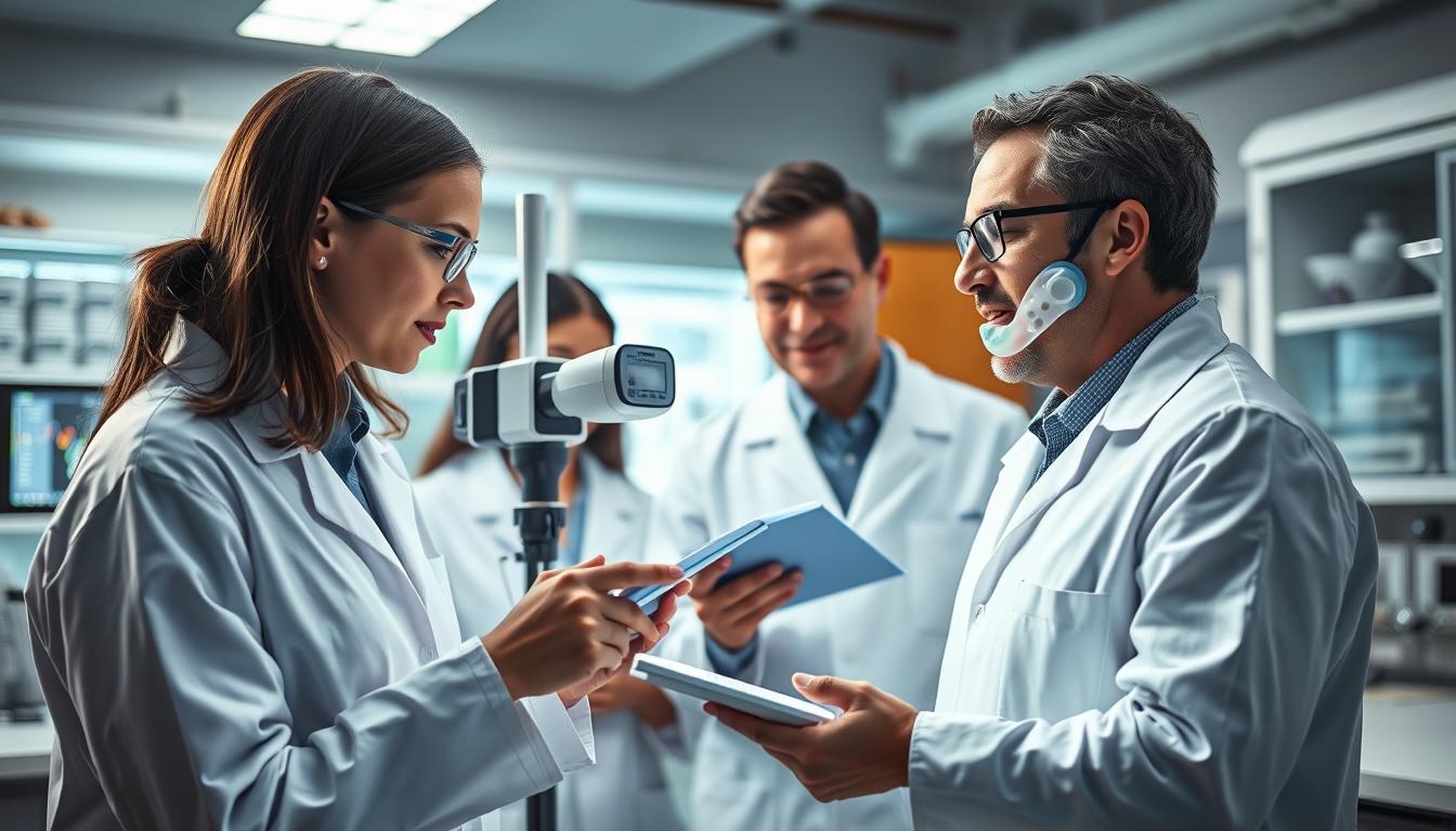 A well-lit laboratory setting, with a team of scientists in white coats intently observing and recording data from a subject wearing a state-of-the-art anti-snoring device. The device is prominently featured, showcasing its sleek, vibrant design and innovative features. The scientists are engaged in a thorough testing process, using specialized equipment to measure the device's effectiveness in reducing snoring. The atmosphere is one of focused professionalism, with a touch of anticipation as they evaluate the latest advancements in snoring prevention technology.