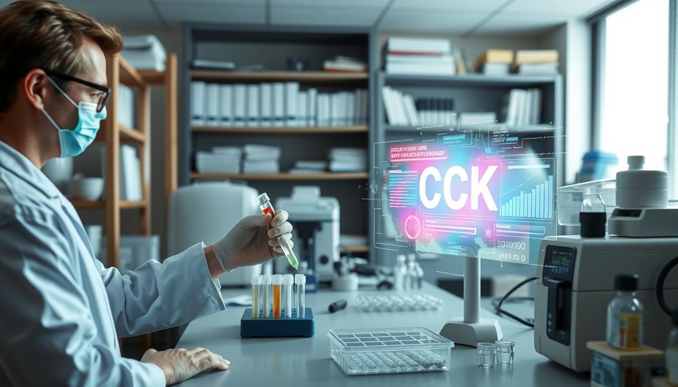 A well-lit laboratory setting with clinical equipment and instruments. In the foreground, a scientist in a white lab coat is carefully pipetting a sample into a test tube. On the counter, various CCK testing kits and supplies are neatly arranged, including centrifuges, spectrophotometers, and petri dishes. The middle ground features a vibrant, holographic display showing real-time CCK biomarker data, with charts and graphs. In the background, shelves of reference materials and scientific journals provide a sense of academic rigor. The overall atmosphere is one of precise, professional inquiry, capturing the essence of CCK testing methods for keto dieters.
