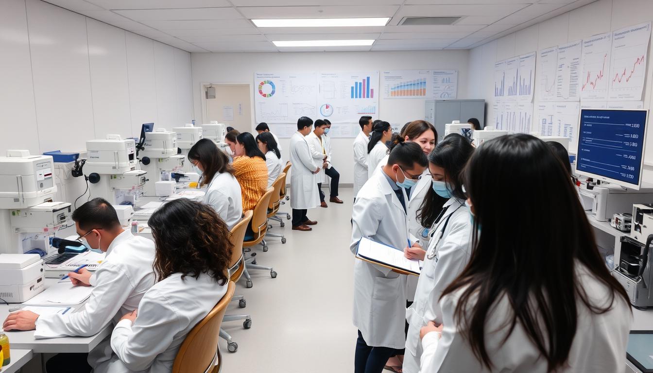 A well-lit laboratory setting, with rows of clinical research study participants undergoing various medical tests and assessments. In the foreground, a team of scientists and clinicians diligently recording data and monitoring subjects. The middle ground showcases state-of-the-art medical equipment and diagnostic tools, conveying the rigorous, vibrant nature of the research. In the background, a wall of charts, graphs, and data visualizations, highlighting the meticulous analysis and attention to detail characteristic of this clinical study. The overall atmosphere is one of focused, collaborative scientific inquiry, with a sense of professional dedication and the pursuit of medical advancements.