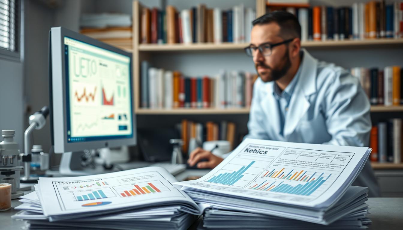 A well-lit laboratory setting with scientific instruments and equipment. In the foreground, a stack of research papers and journals, their pages open to display charts, graphs, and data visualizations showcasing the findings of ketogenic diet studies. The middle ground features a scientist in a white lab coat, leaning over a computer monitor, analyzing the research data with a focused expression. In the background, shelves lined with various scientific texts and reference materials, creating an atmosphere of intellectual inquiry and academic rigor. The overall mood is one of thoughtful contemplation and a dedication to uncovering the scientific truth behind the ketogenic diet.