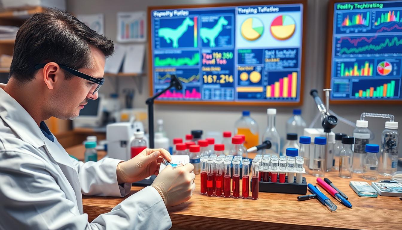 A well-lit laboratory setting, with various scientific instruments and equipment arranged on a sturdy wooden table. In the foreground, a researcher in a crisp white lab coat carefully measures the concentration of cholecystokinin (CCK) from a blood sample using a precision analytical device. The middle ground showcases an array of test tubes, pipettes, and other tools used in the process, while the background features a vibrant, colorful display of charts, graphs, and data visualizations related to weight loss and hormonal regulation. The scene conveys a sense of scientific rigor and attention to detail, with the lighting and composition drawing the viewer's eye to the CCK measurement technique at the heart of the research.