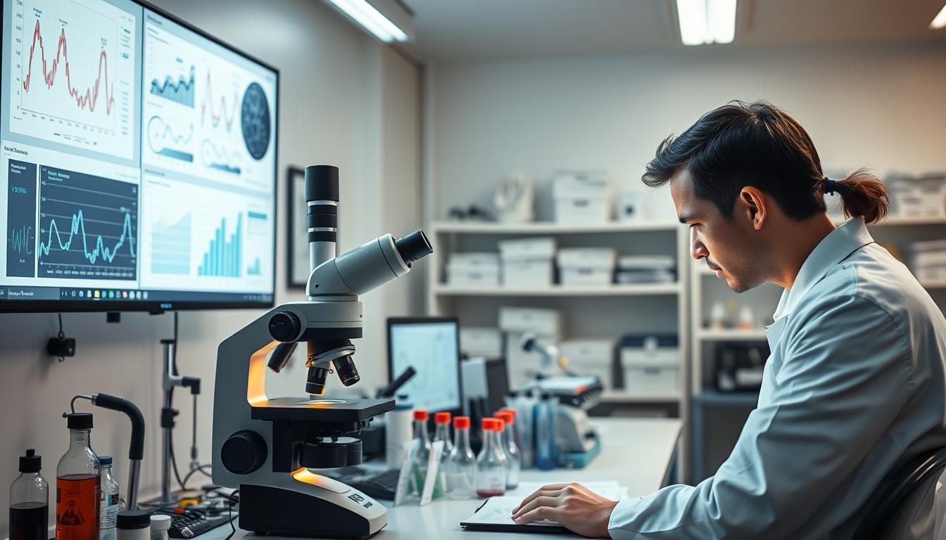 A well-lit laboratory workspace with sophisticated scientific equipment and data visualization displays. In the foreground, a researcher intently examines a sample under a high-powered microscope, their face illuminated by the instrument's glow. Behind them, a wall-mounted monitor showcases complex graphs and charts, illustrating the in-depth analysis of disease management strategies. The middle ground features a lab bench with various test tubes, beakers, and other tools of the trade, creating a vibrant, bustling atmosphere of scientific inquiry. The background is hazy, with shelves of reference materials and diagnostic devices, conveying a sense of depth and the breadth of disease research. The overall scene exudes a mood of diligent, vibrant investigation into the complexities of effective disease management. A well-lit laboratory workspace with sophisticated scientific equipment and data visualization displays. In the foreground, a researcher intently examines a sample under a high-powered microscope, their face illuminated by the instrument's glow. Behind them, a wall-mounted monitor showcases complex graphs and charts, illustrating the in-depth analysis of disease management strategies. The middle ground features a lab bench with various test tubes, beakers, and other tools of the trade, creating a vibrant, bustling atmosphere of scientific inquiry. The background is hazy, with shelves of reference materials and diagnostic devices, conveying a sense of depth and the breadth of disease research. The overall scene exudes a mood of diligent, vibrant investigation into the complexities of effective disease management.