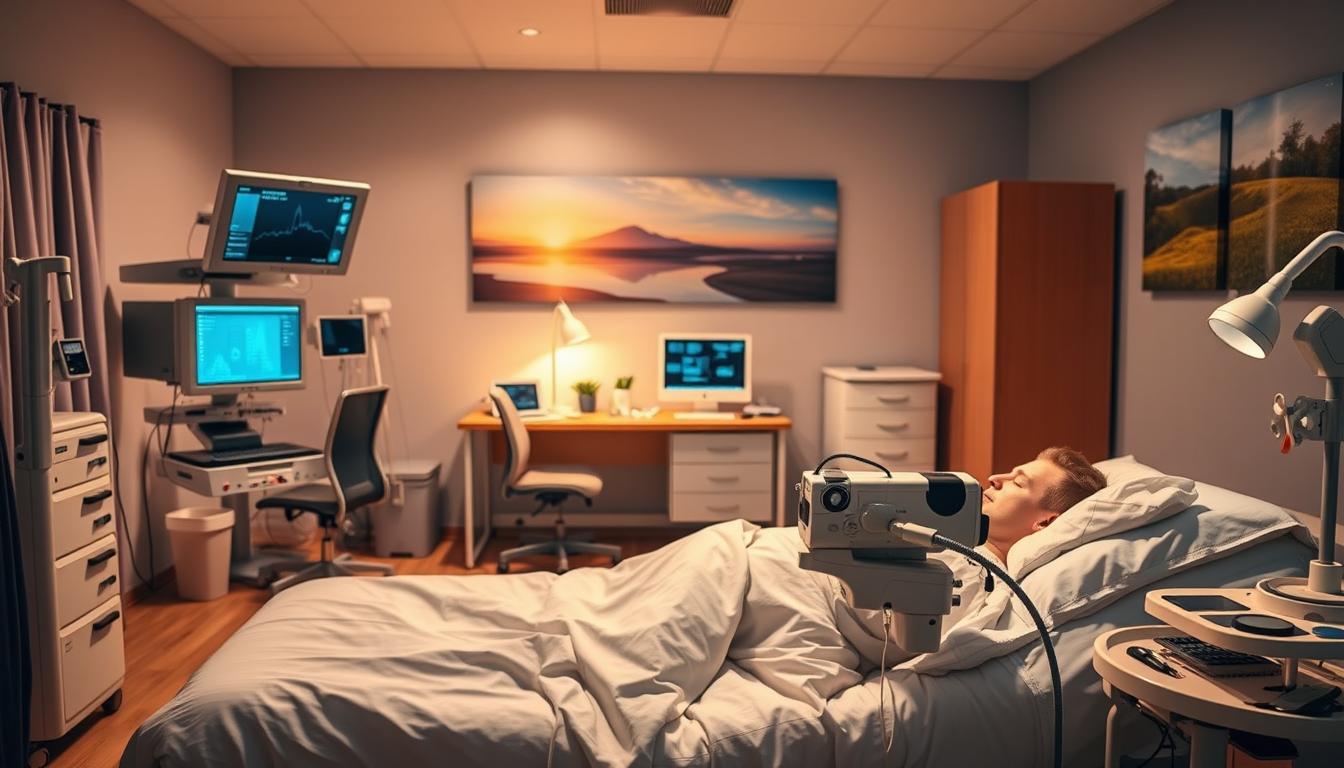 A well-lit medical clinic room, with a cozy, soothing atmosphere. In the foreground, a comfortable patient bed with a sleep study monitoring system, including a polysomnography machine, EEG sensors, and other state-of-the-art equipment. The middle ground showcases a desk with a computer and various medical instruments, creating a vibrant, professional setting. In the background, calming landscape artwork and warm lighting, conveying a sense of relaxation and care. The overall scene evokes a modern, yet welcoming environment for a comprehensive sleep study diagnosis.