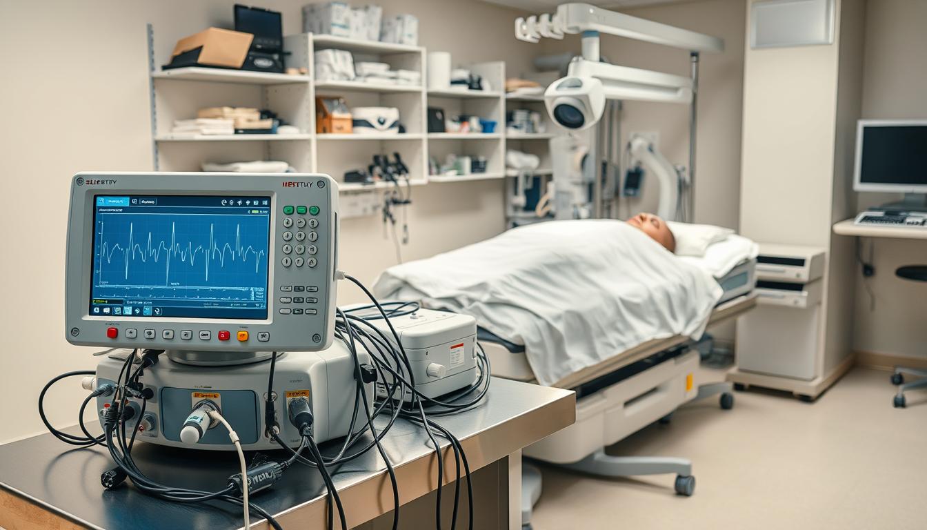 A well-lit medical laboratory setting, with various sleep study equipment arranged on a sleek, stainless steel table. In the foreground, a polysomnography machine with numerous sensors and cables, its display screen showing real-time data. In the middle ground, a comfortable-looking sleep study bed with crisp, white linens, and a camera mounted overhead to monitor the subject's movements. The background features shelves filled with specialized diagnostic tools, creating a sense of professionalism and expertise. The overall atmosphere is vibrant, clean, and conveys the importance of accurately diagnosing sleep disorders.