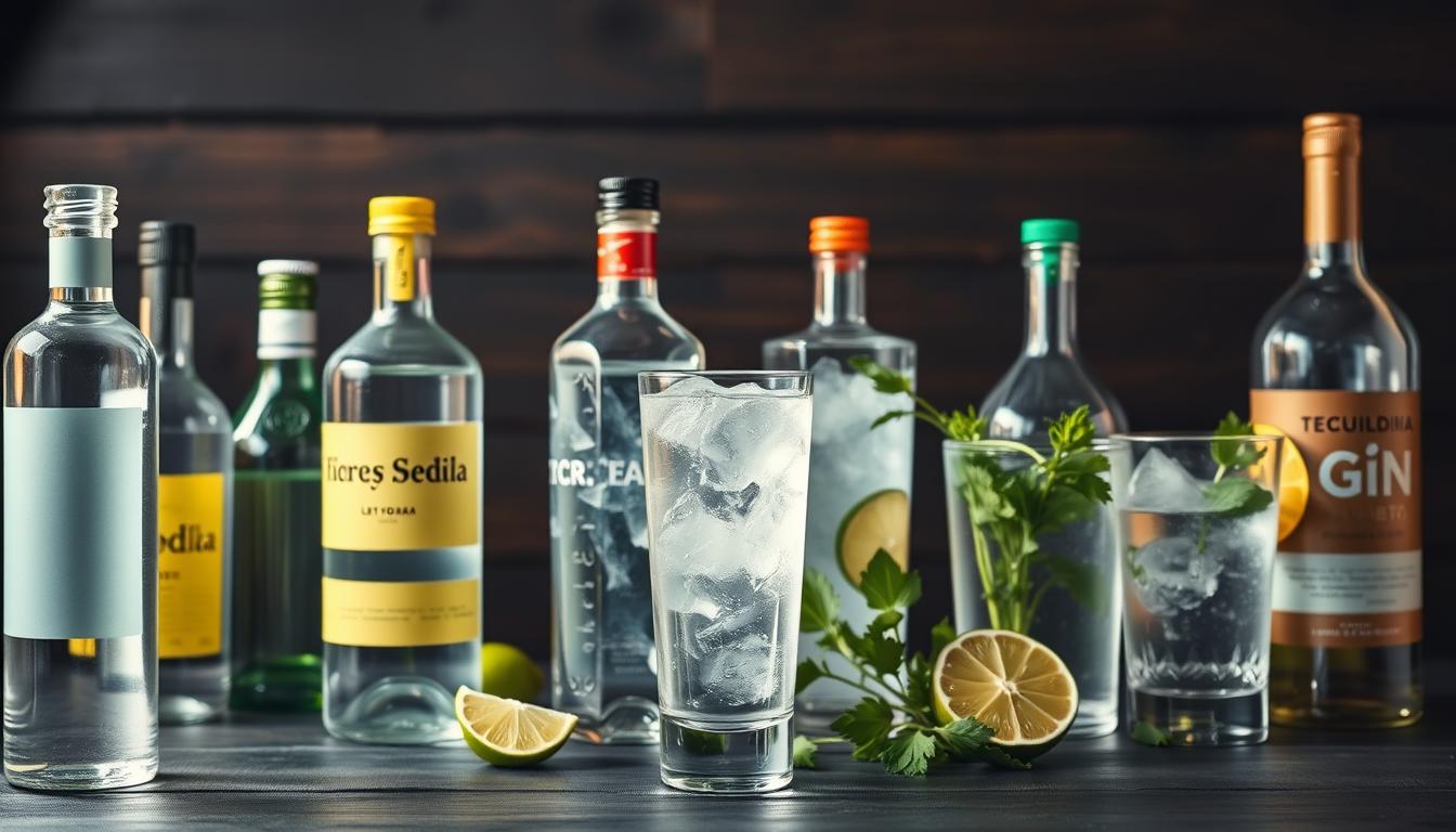 A well-lit, stylized still-life scene of an assortment of keto-friendly alcoholic beverages. In the foreground, a selection of clear liquors like vodka, gin, and tequila, their glass bottles reflecting the vibrant lighting. In the middle ground, low-carb mixers like seltzer water, lime wedges, and fresh herbs. The background features a dark, moody wooden surface, creating a sophisticated, upscale ambiance. The overall lighting is warm and inviting, highlighting the clarity and purity of the beverages. The composition is balanced and visually appealing, showcasing the keto-friendly options in an elegant, appetizing manner.
