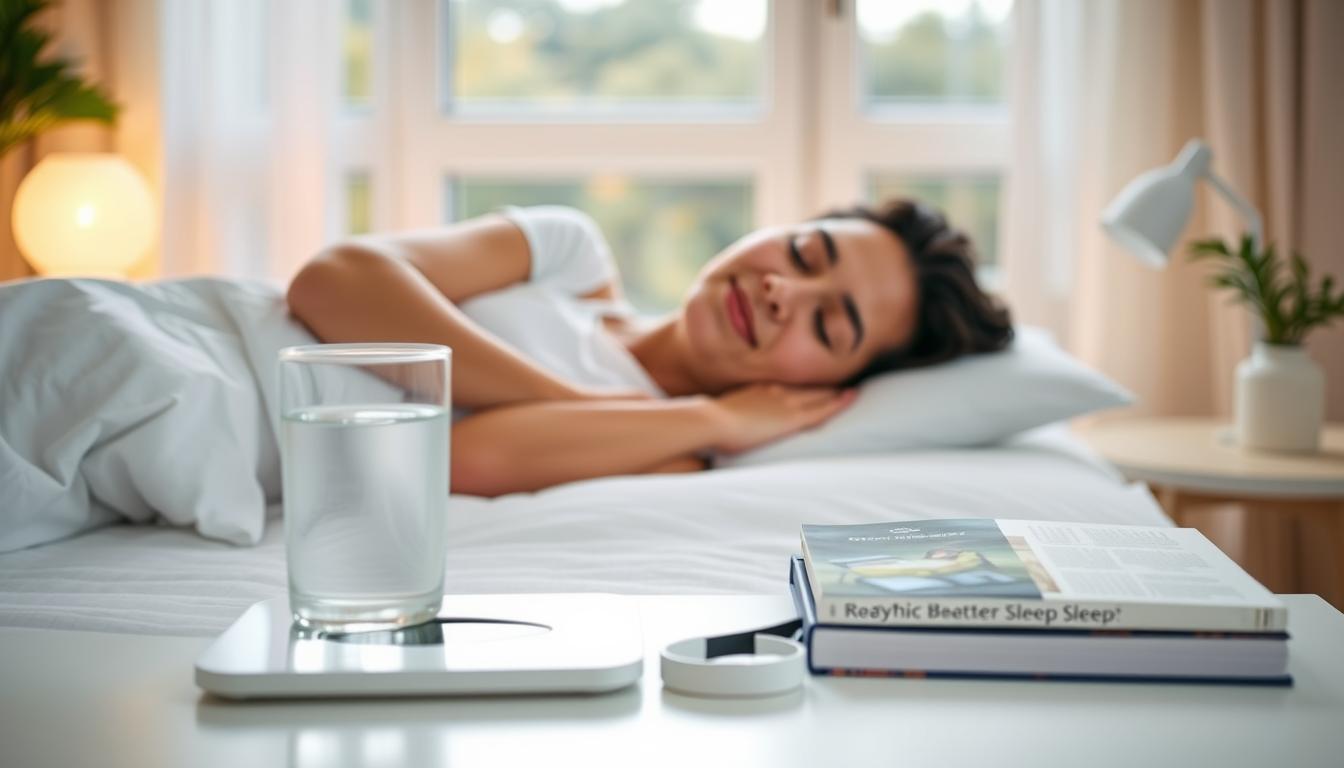 A well-rested individual sleeping peacefully, their face relaxed, surrounded by a calming, minimalist bedroom setting with soft, warm lighting. In the foreground, a digital scale and a glass of water symbolize the importance of weight management for improved sleep quality. The middle ground features a bedside table with a sleep tracker and a book on healthy sleep habits. In the background, a large window allows natural light to filter in, creating a vibrant, rejuvenating atmosphere. The overall scene conveys a sense of tranquility and the potential for better sleep through thoughtful lifestyle choices.