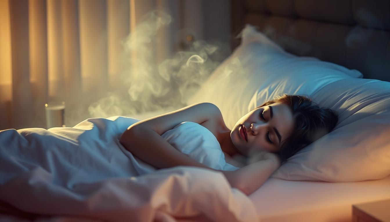 An ethereal bedroom bathed in soft, diffused lighting. A sleeping figure is nestled among plush bedding, their face tranquil and serene. Wisps of mist curl around the bed, creating an atmosphere of deep relaxation. In the background, a nightstand holds a glass of water and a small bottle labeled "Supplements." The overall scene conveys a sense of intentional, restorative sleep that helps balance the body's natural CCK (Cholecystokinin) levels. Vibrant, calming tones permeate the image, evoking a feeling of hormonal harmony and well-being.