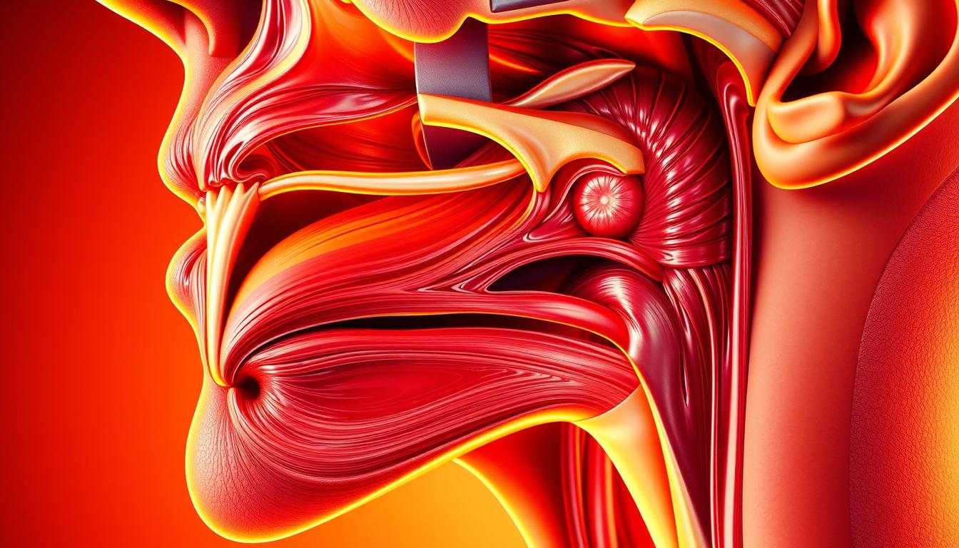 Anatomical illustration of the upper airway and soft tissues, showcasing the structures responsible for snoring. A vibrant, highly detailed cross-section highlighting the pharynx, soft palate, uvula, and surrounding tissues. Rendered in a realistic, scientific style with a focus on the complex network of muscles, cartilage, and connective tissue. Illuminated by warm, directional lighting that emphasizes the contours and textures, creating depth and a sense of three-dimensionality. Depicted from a slightly elevated angle to provide a clear, comprehensive view of the airway and its relationship to the surrounding anatomy.